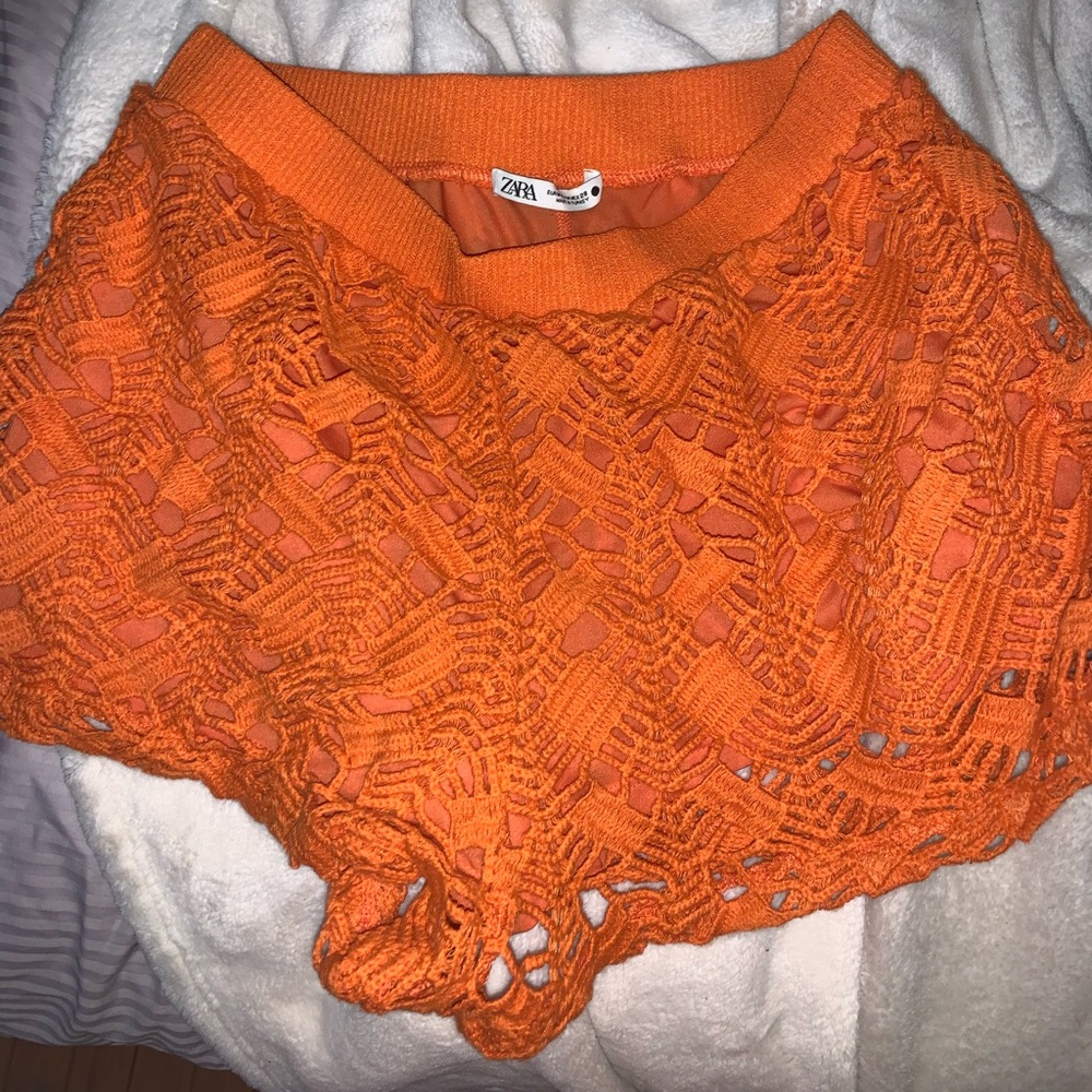 Zara orange crochet shorts